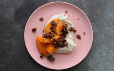 Poached Apricots with Tofu Ricotta and Granola Brittle