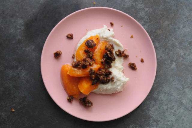 Poached Apricots with Tofu Ricotta and Granola Brittle