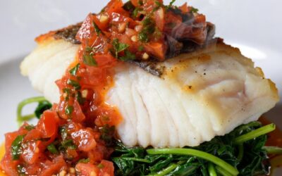 Allergy Free Baked Cod with Warm Tomato Vinaigrette and Mustard Greens