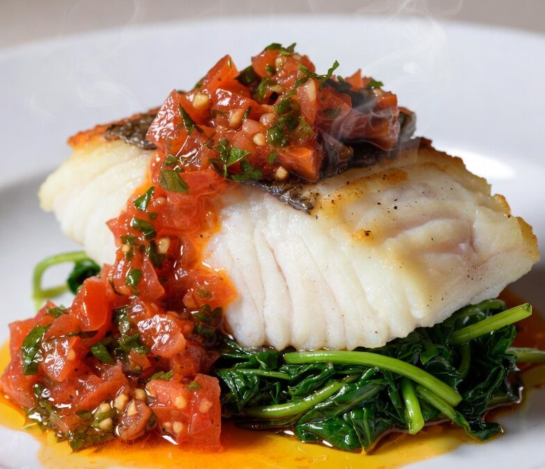 Allergy Free Baked Cod with Warm Tomato Vinaigrette and Mustard Greens